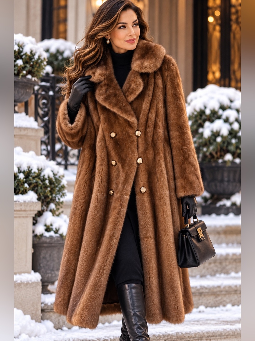 Vintage Genuine Mink Fur Full Length Double Breasted Statement Coat